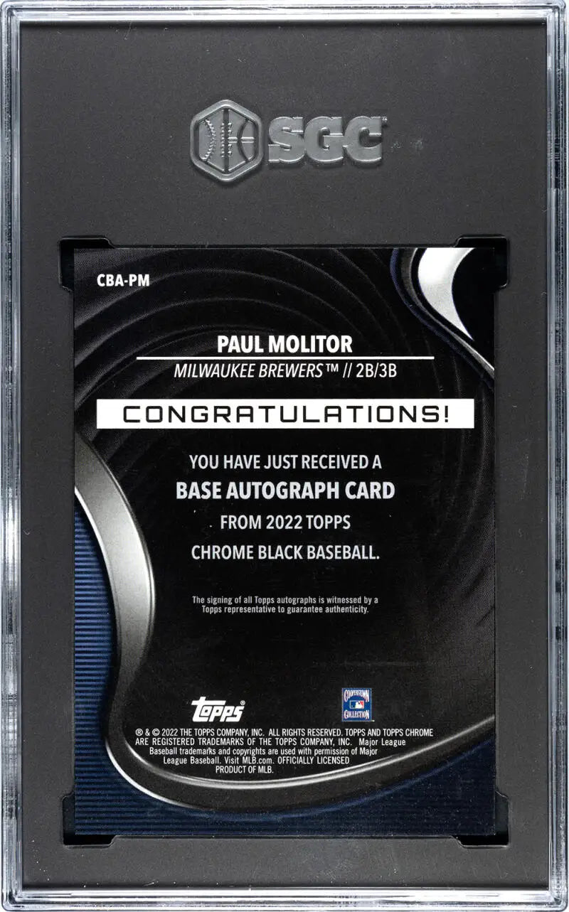 Graded Paul Molitor baseball card with black refractor orange finish and Gem Auto designation