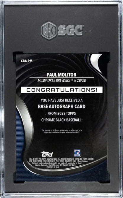 Graded Paul Molitor baseball card with black refractor orange finish and Gem Auto designation