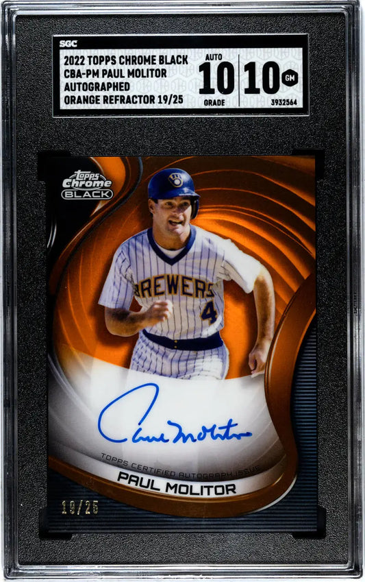 Graded Paul Molitor autographed baseball card from 2022 Topps Chrome Black Refractor Orange series