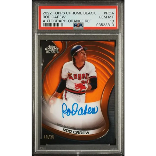 2022 Topps Chrome Black Refractor Orange #CBA-RCA Rod Carew PSA 10 GEM MINT Auto 13/25 California Angels Baseball Card