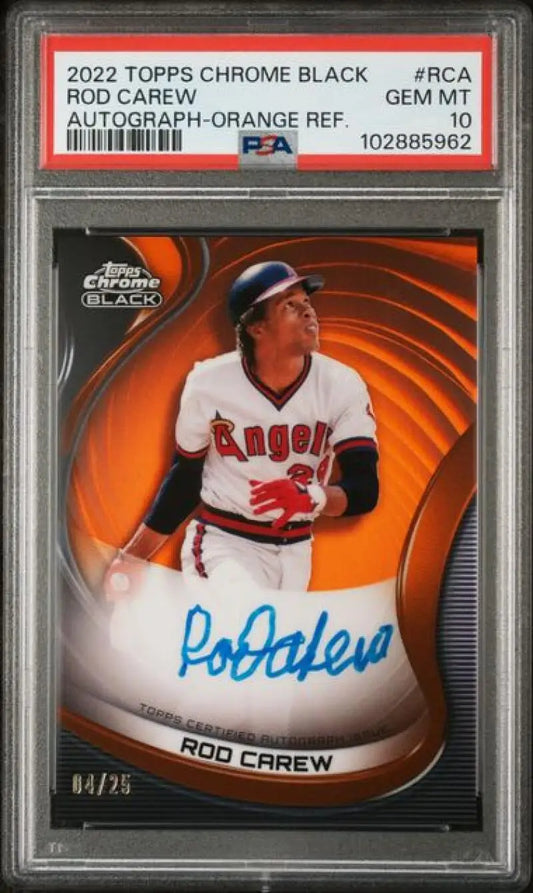 Graded Rod Carew autographed baseball card from California Angels, PSA 10 GEM MINT