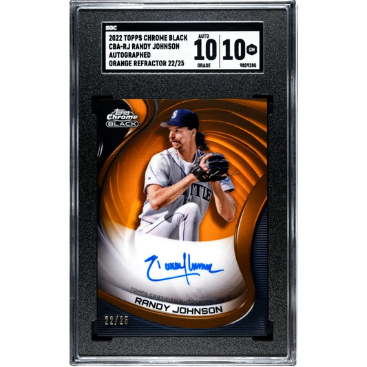 2022 Topps Chrome Black Refractor Orange #CBA-RJ Randy Johnson SGC 10 Gem Auto 22/25 Seattle Mariners Baseball Card
