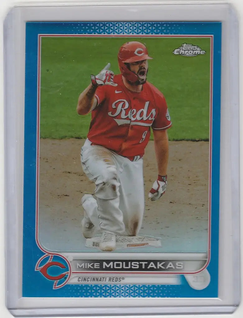 Baseball card of Mike Moustakas Cincinnati Reds in red uniform from Topps Chrome Blue set
