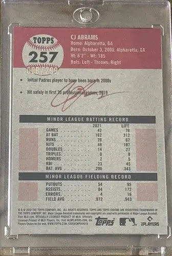 CJ Abrams baseball card from 2022 Topps Chrome RC /299 Platinum Rare Refractor