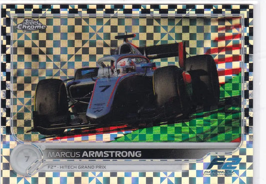 Formula 1 racing car with aerodynamic design from 2022 Topps Chrome F1 Marcus Armstrong Checkered Flag