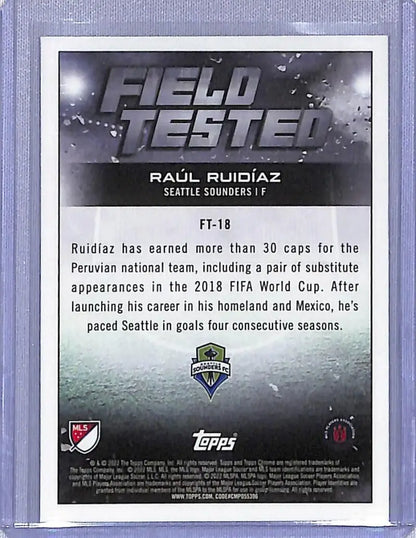 Soccer trading card back featuring Raul Ruidiaz from 2022 Topps Chrome Field Tested series