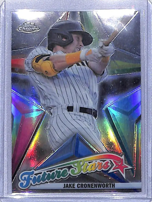 Chrome baseball trading card of Jake Cronenworth in pinstripes from Topps Chrome Future Stars