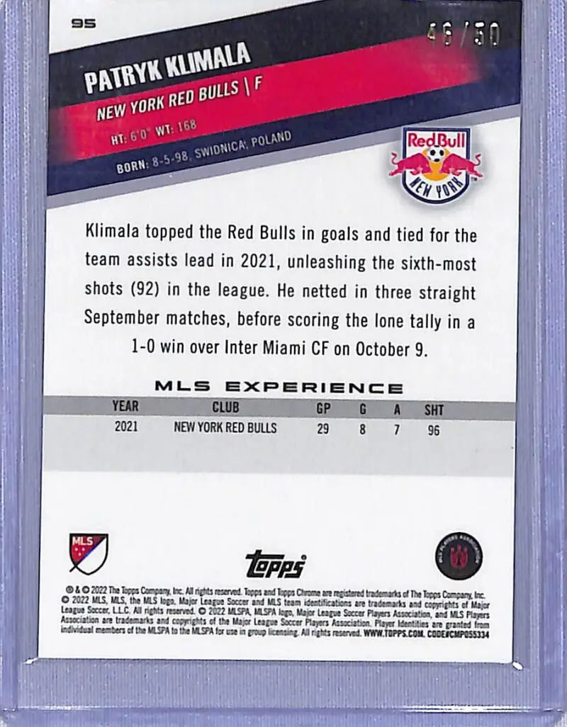 Patryk Klimala soccer card from 2022 Topps Chrome Gold series featuring New York Red Bulls