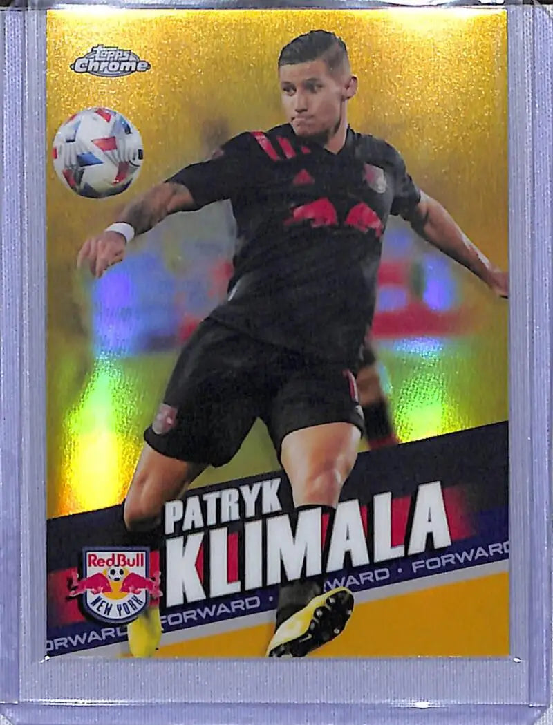 Patryk Klimala soccer card from 2022 Topps Chrome Gold series featuring New York Red Bulls