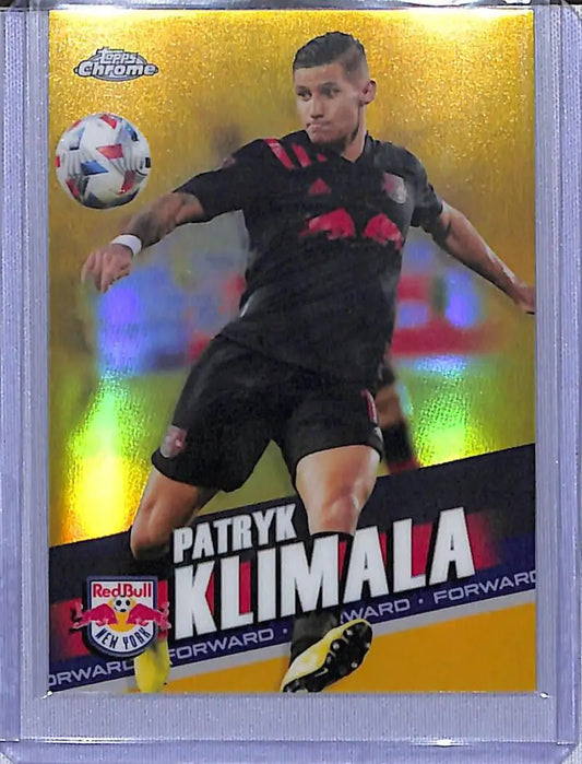 Patryk Klimala soccer card from 2022 Topps Chrome Gold series featuring New York Red Bulls