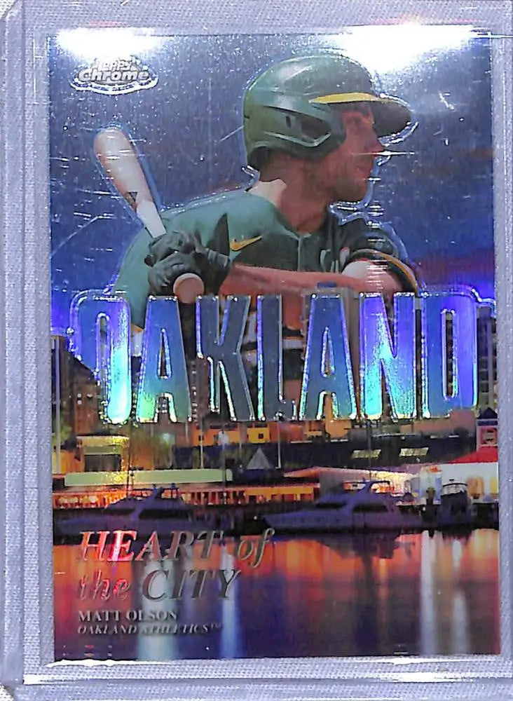 Baseball trading card featuring Topps Chrome Heart of the City design with Oakland skyline