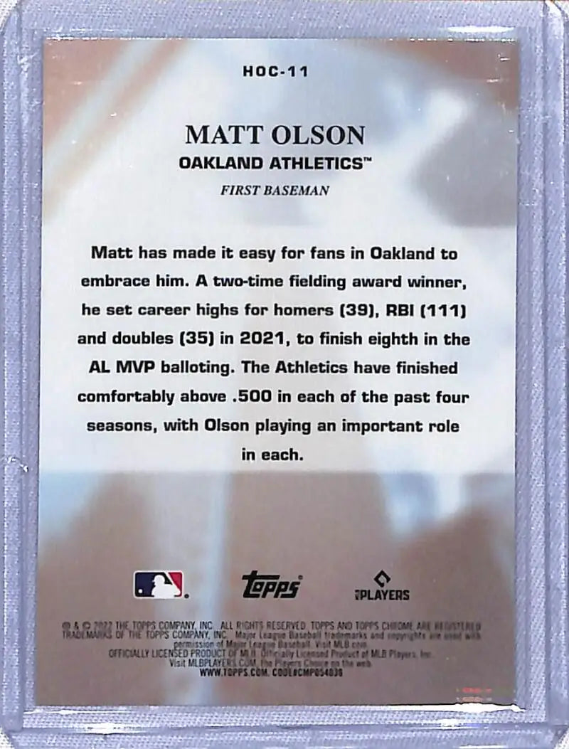 Baseball card of Matt Olson with Oakland Athletics stats from Topps Chrome Heart