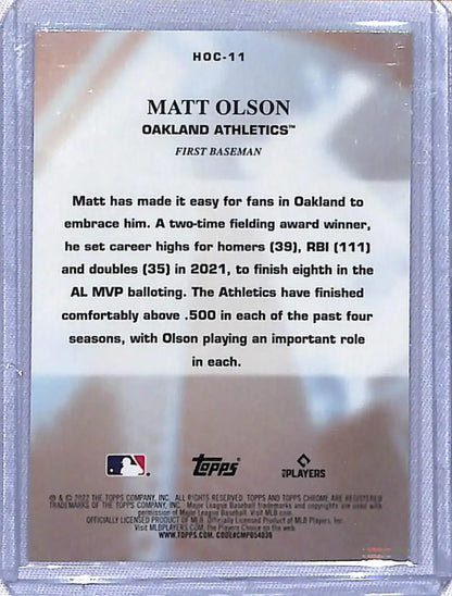 Baseball card of Matt Olson with Oakland Athletics stats from Topps Chrome Heart