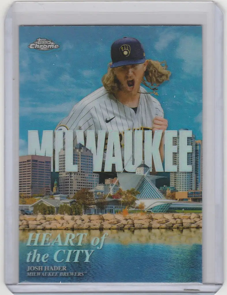 Baseball card of Hader Milwaukee Brewers with city skyline, 2022 Topps Chrome HOC8