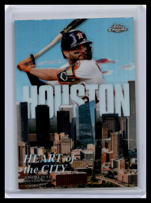 Jose Altuve Houston Astros baseball card over city skyline, Topps Chrome #HOC-14