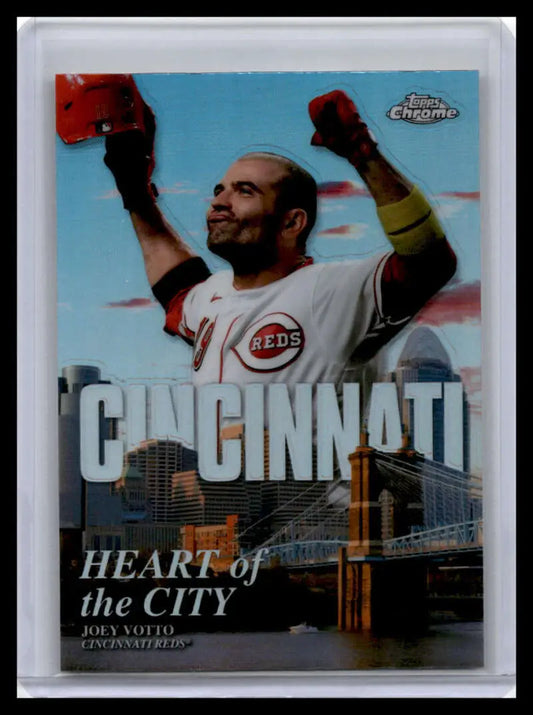 Joey Votto celebrates on a Cincinnati Reds Topps Chrome baseball card against a skyline