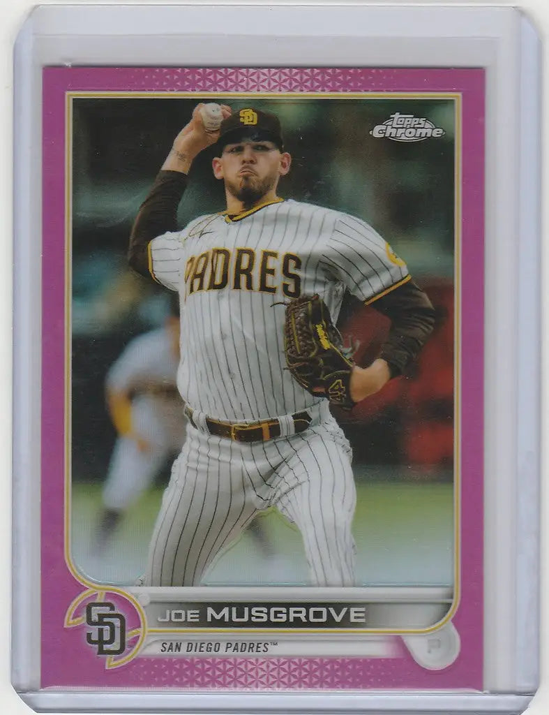 Topps Chrome Pink baseball card of Joe Musgrove, San Diego Padres pitcher in mid-throw
