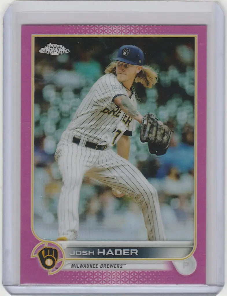 Baseball card of Josh Hader pitching, 2022 Topps Chrome Pink #119 Milwaukee Brewers