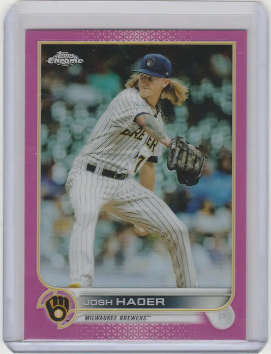Baseball card of Josh Hader pitching, 2022 Topps Chrome Pink #119 Milwaukee Brewers