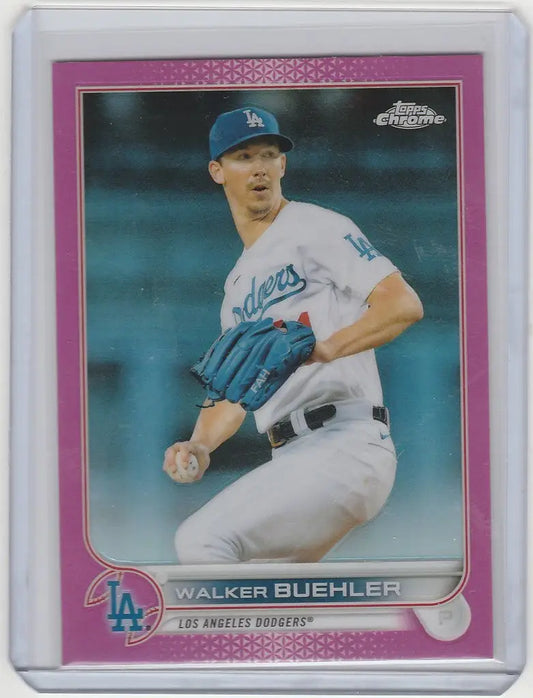 Walker Buehler in mid-throw, 2022 Topps Chrome Pink card, Los Angeles Dodgers
