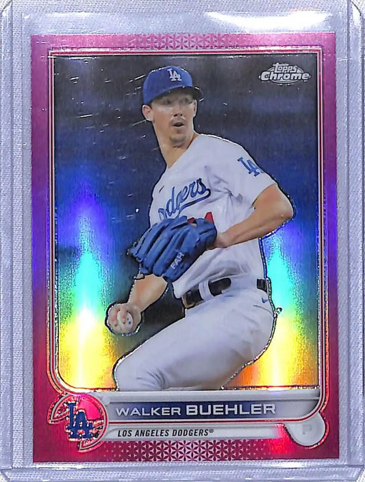 Chrome refractor baseball card of Walker Buehler, Los Angeles Dodgers pitcher in windup