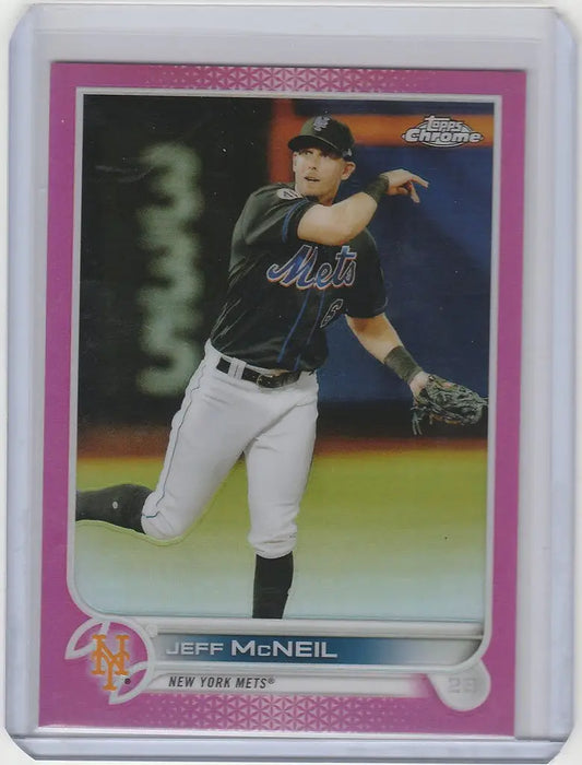 Baseball card of Jeff McNeil mid-throw from 2022 Topps Chrome Pink New York Mets