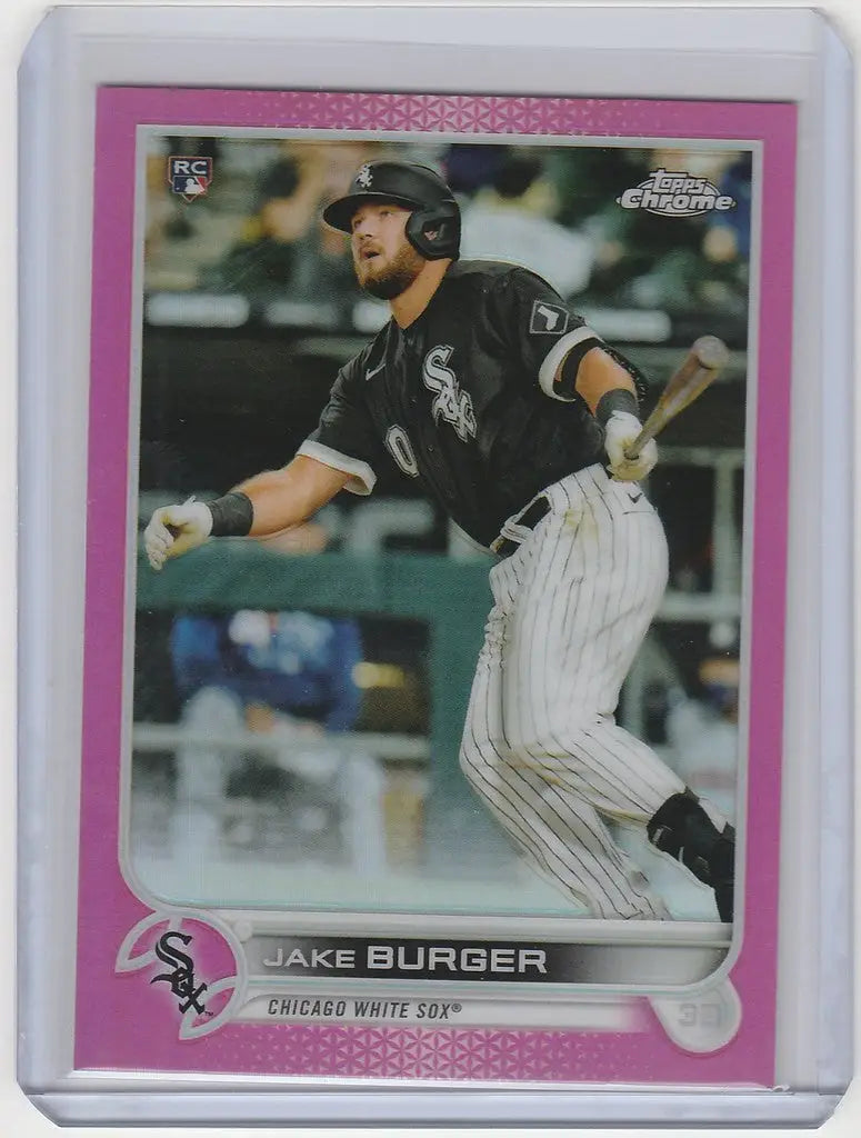 2022 Topps Chrome Pink baseball card of Jake Burger in batting stance for Chicago White Sox