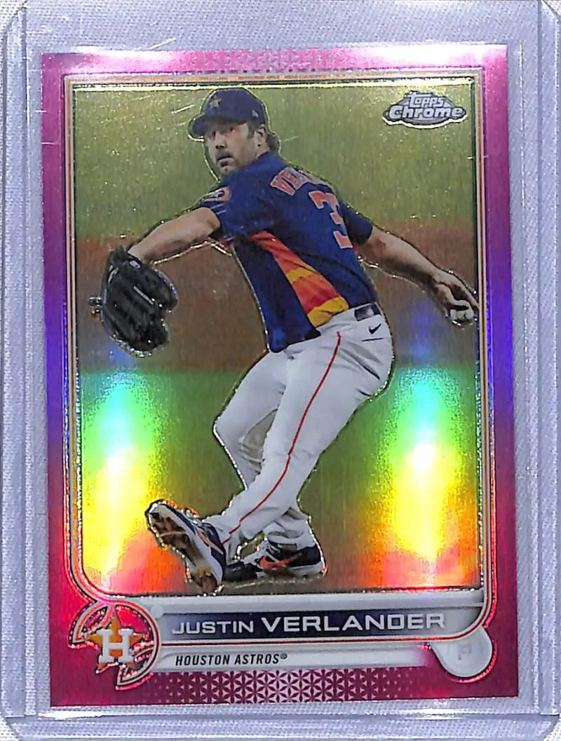 Holographic Topps Chrome Pink card of Justin Verlander in Astros pitching move