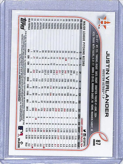 Baseball trading card featuring Justin Verlander statistics in Topps Chrome Pink design