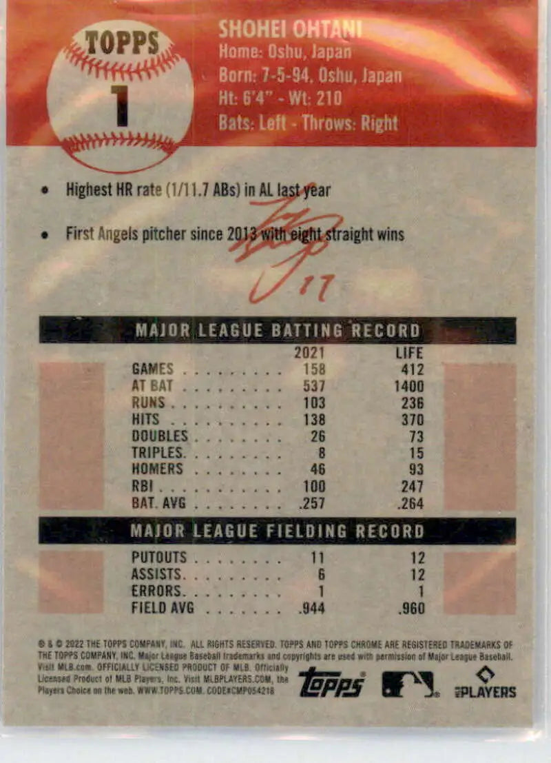 Shohei Ohtani statistics on 2022 Topps Chrome Platinum Anniversary baseball card