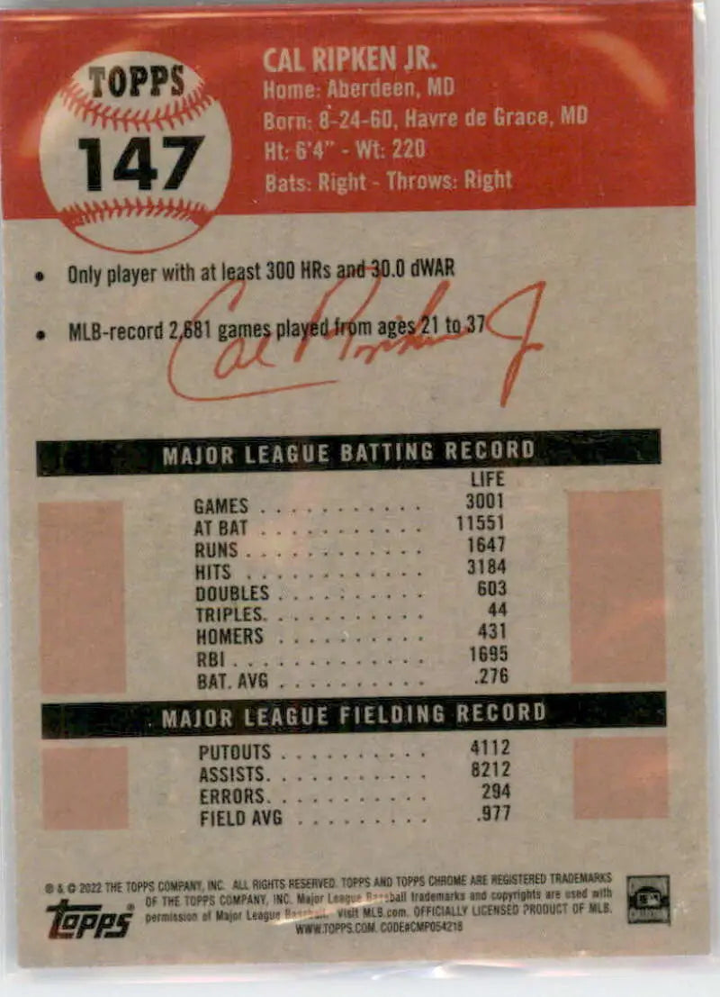 Back of 2022 Topps Chrome Platinum Anniversary Cal Ripken Jr. Baseball Card with stats