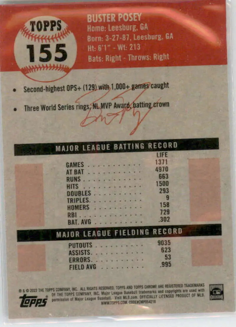 Buster Posey 2022 Topps Chrome Platinum Anniversary #155 Baseball Card with stats