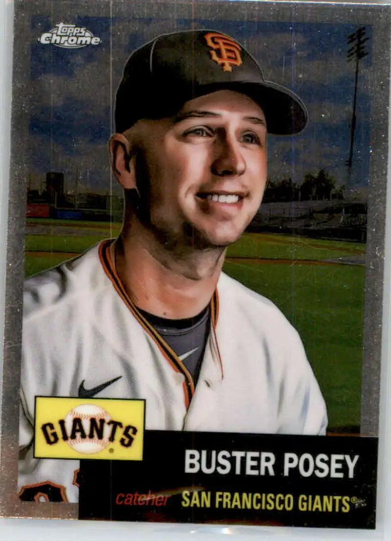 Buster Posey in white home jersey on 2022 Topps Chrome Platinum Anniversary baseball card