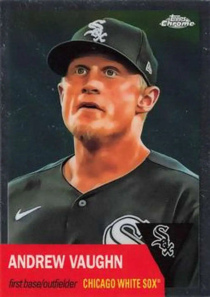 Andrew Vaughn White Sox baseball card in black cap and jersey from 2022 Topps Chrome