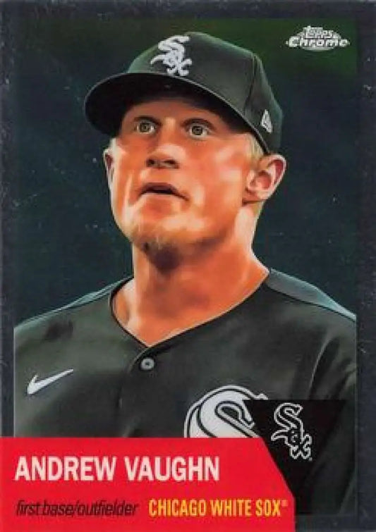 Andrew Vaughn White Sox baseball card in black cap and jersey from 2022 Topps Chrome