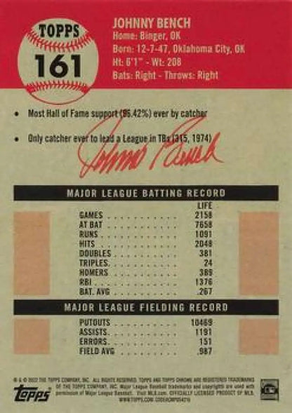 2022 Topps Chrome Platinum Anniversary Johnny Bench Baseball Card with career stats