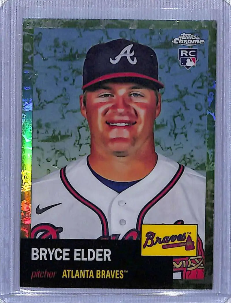 Baseball card of Atlanta Braves player Bryce Elder in home uniform, Green Wave Refractor