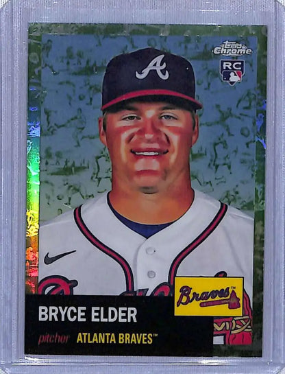 Baseball card of Atlanta Braves player Bryce Elder in home uniform, Green Wave Refractor