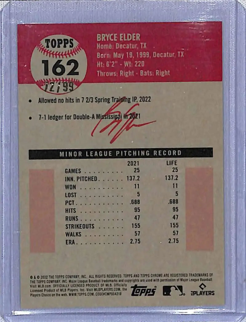 2022 Topps Chrome Platinum Anniversary #162 Bryce Elder Green Wave Refractor Baseball Card