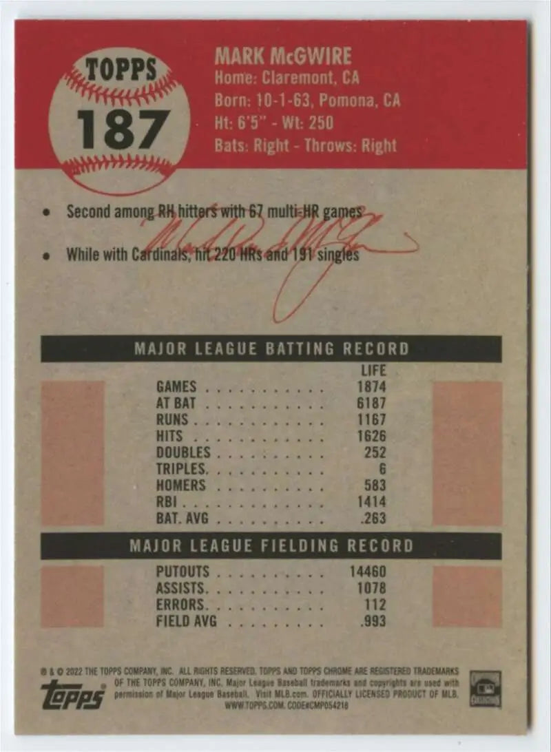 Back side of 2022 Topps Chrome Platinum #187 Mark McGwire baseball card with stats