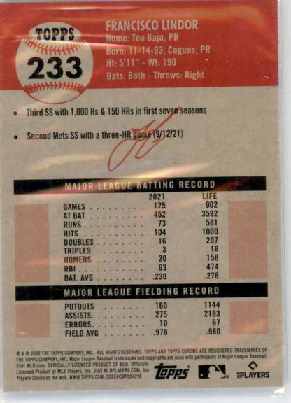 Baseball card featuring statistics for Francisco Lindor from Topps Chrome Platinum Anniversary