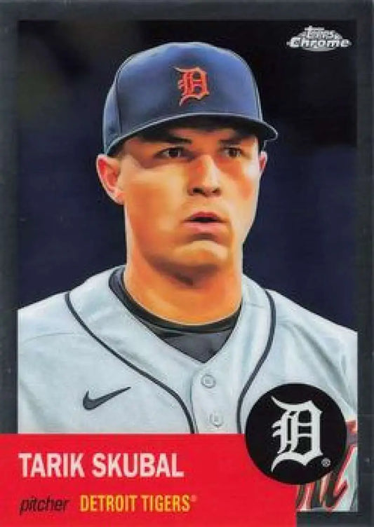 Baseball card of Tarik Skubal in gray Detroit Tigers uniform from Platinum Anniversary series