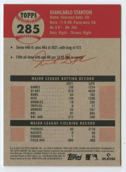 Back of 2022 Topps Chrome Platinum Anniversary #285 Giancarlo Stanton Baseball Card