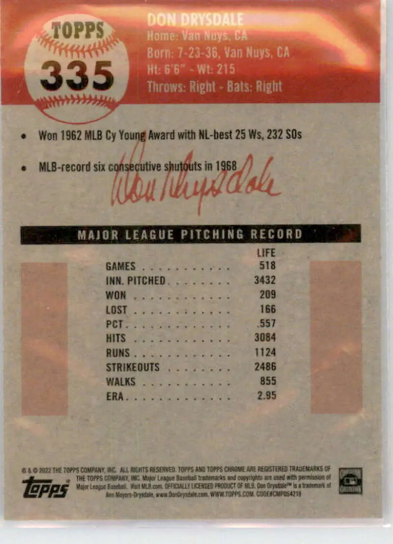 Back of 2022 Topps Chrome Platinum Anniversary #335 Don Drysdale baseball card stats
