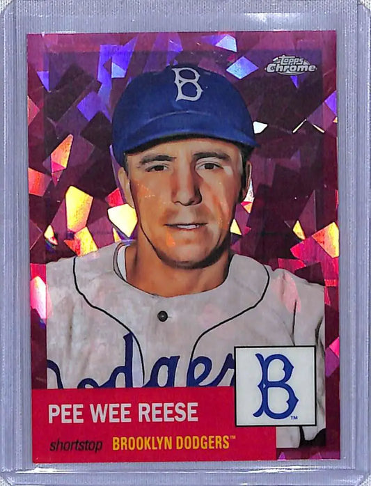 Pink-tinted chrome baseball card of Pee Wee Reese in Brooklyn Dodgers uniform