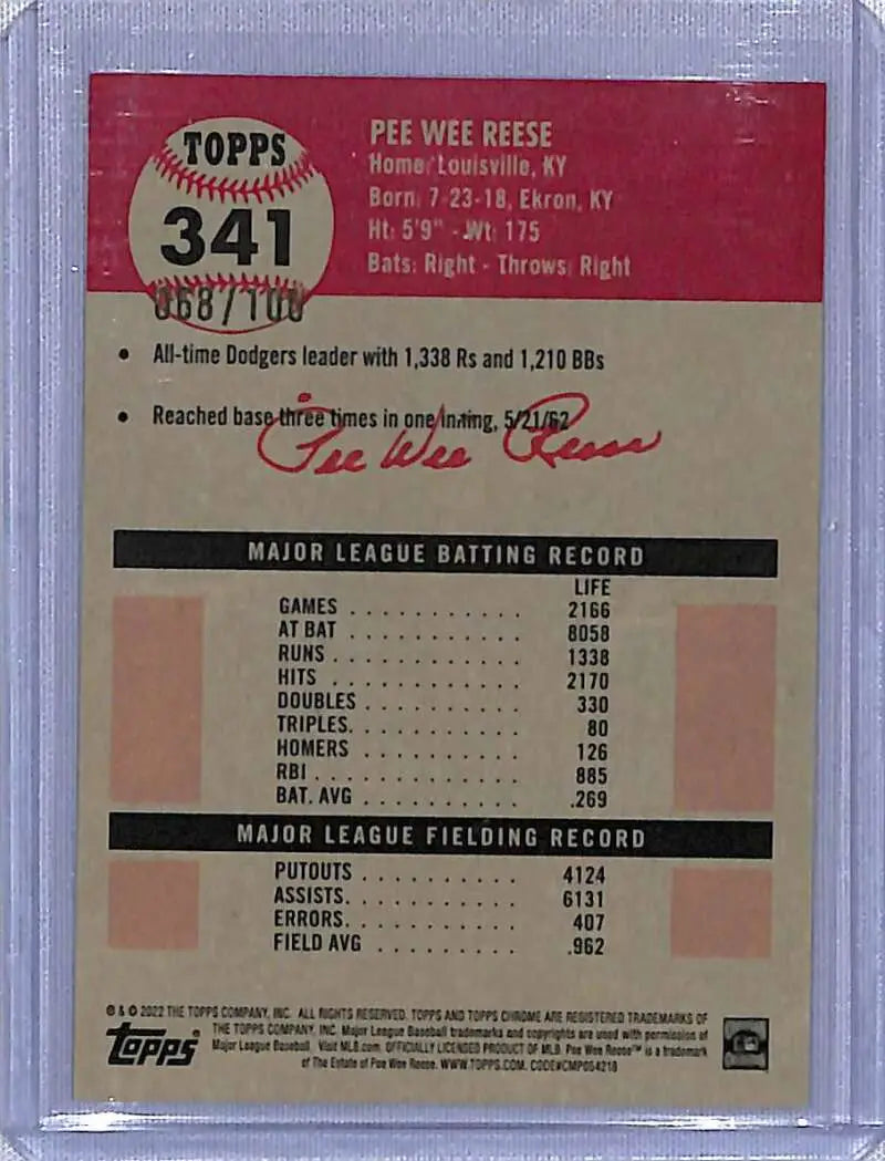 Back side of vintage Topps #341 card showing Pee Wee Reese statistics and player info
