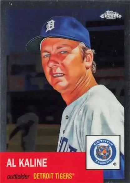 Baseball card of Al Kaline in gray uniform for Detroit Tigers Chrome Platinum Anniversary