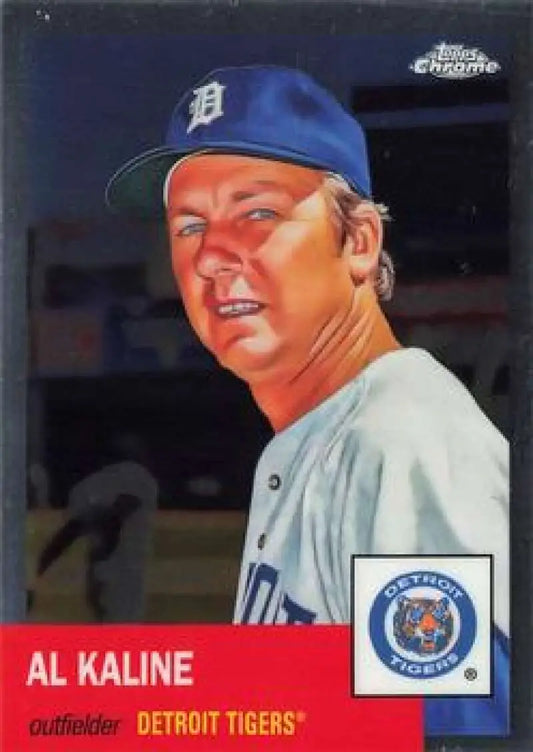 Baseball card of Al Kaline in gray uniform for Detroit Tigers Chrome Platinum Anniversary