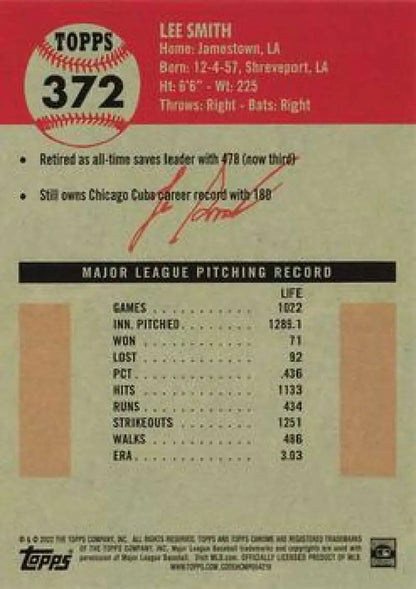 Back of 2022 Topps Chrome Platinum Lee Smith baseball card #372 with stats and info