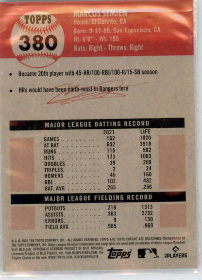 Marcus Semien 2022 Topps Chrome Platinum Anniversary baseball card career statistics